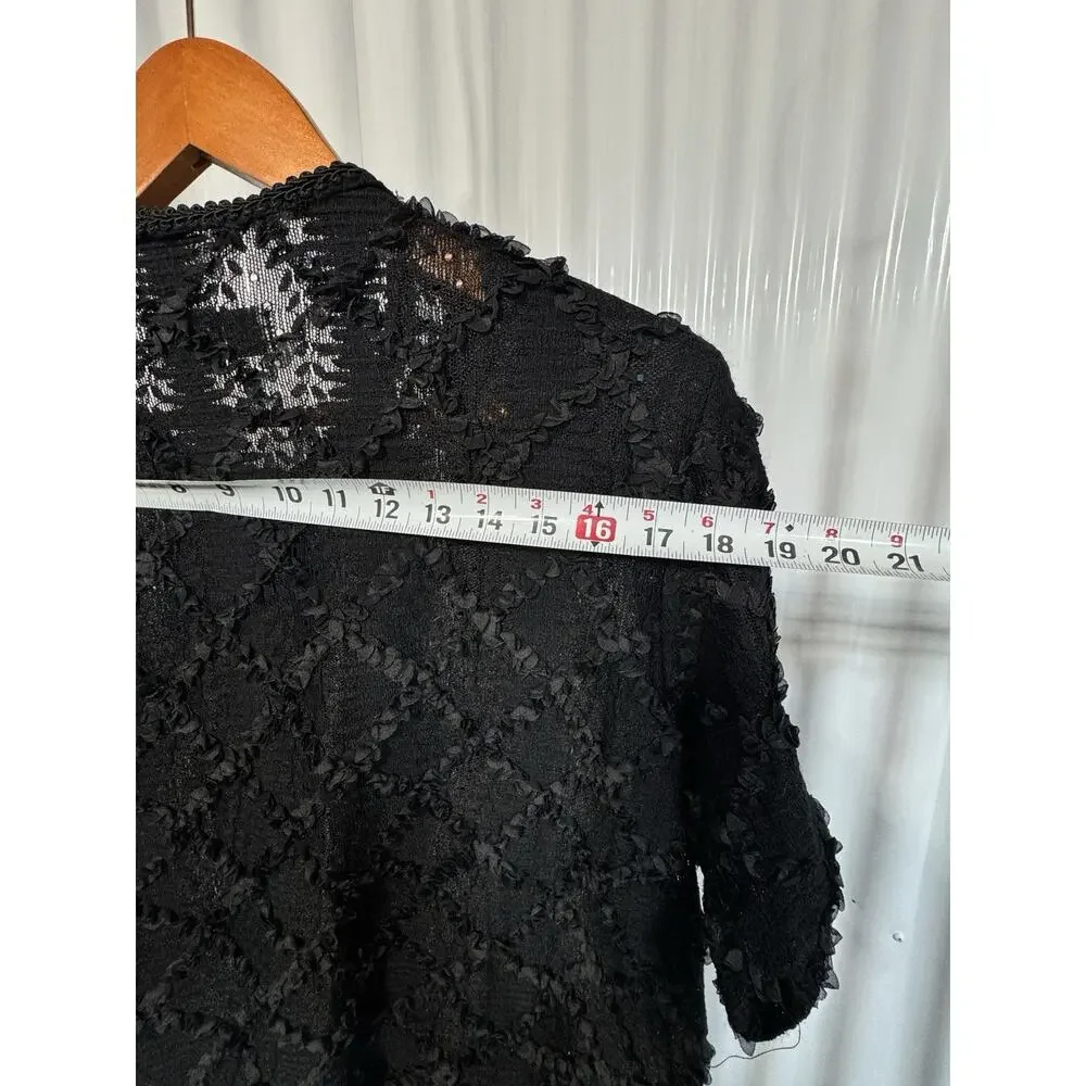 L3 Vintage Women’s Black Lace Top With Appliqué Ruffles And Gold Buttons Size L